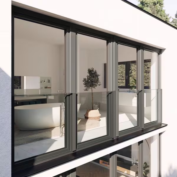 Schüco Fenster CT 70 mit bodentiefer Verglasung im modernen Bad